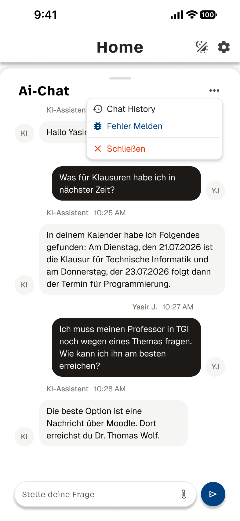 Dashboard mit geöffnetem AI-Chat-Menü.